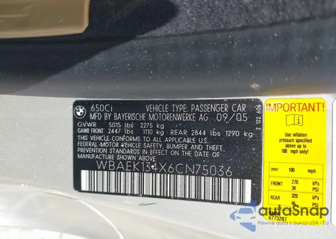 2006 BMW 650I из США, поврежденный, VIN WBAEK134X6CN75036